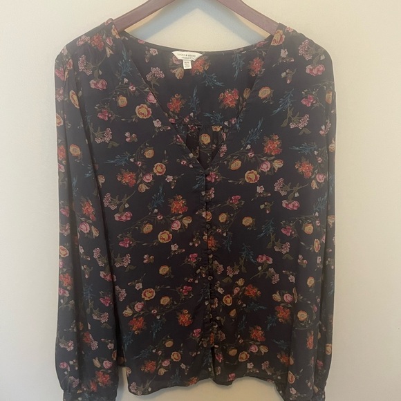 Lucky Brand Tops - Lucky brand floral sand washed silk  navy Blouse with full sleeve button front